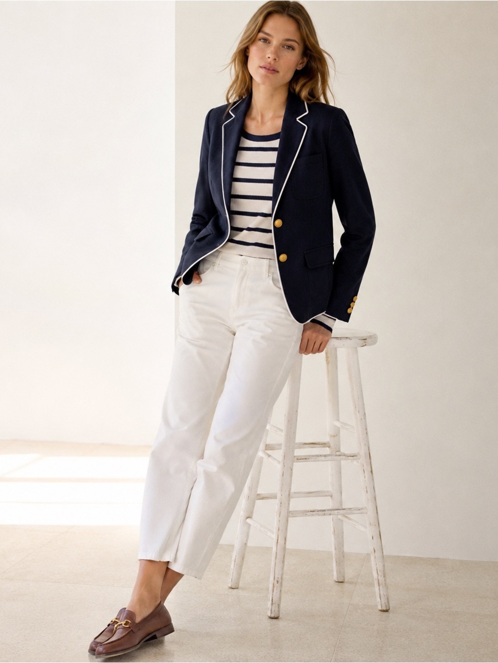 J. Crew Rhodes 100% Linen Blazer Women Nautical‎ Crest Gold Buttons White Trim 2